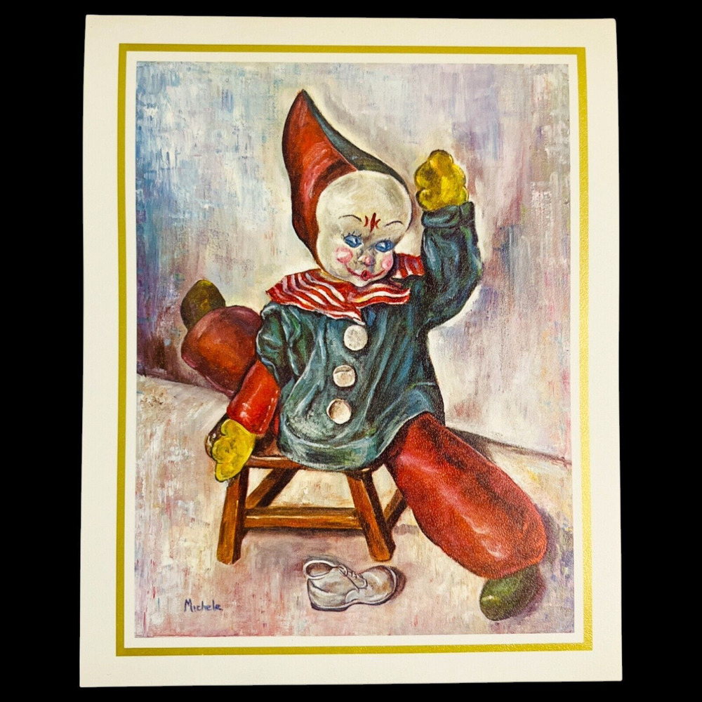 Vintage Creepy Clown Art Print Lithograph Michele Evil Doll Kitsch Circus 8 x 10
